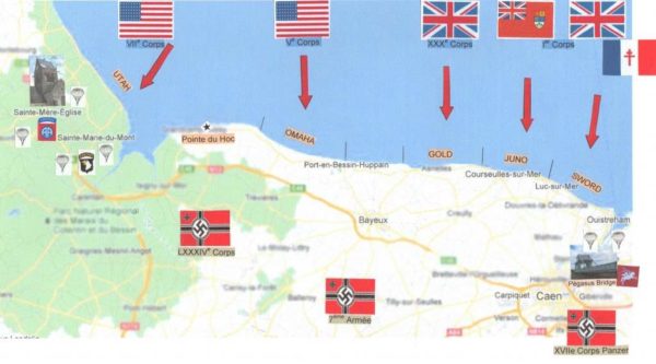 Carte des plages du débarquement en Normandie par découpage militaire